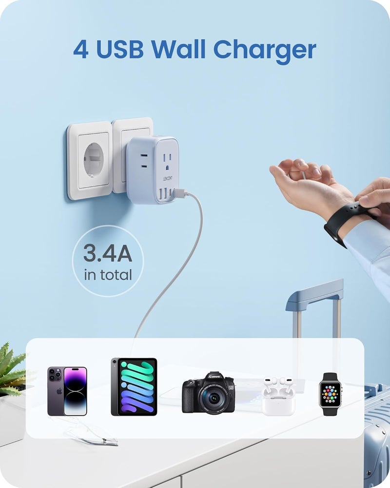 Lencent European Travel Plug Adapter, US to Europe Type-C Foldable Power Plug with 4 Outlets 4 USB Ports (2 USB C), Power Adaptor for USA to EU Euro Iceland Spain Italy France Germany Greece, Blue - Image 5